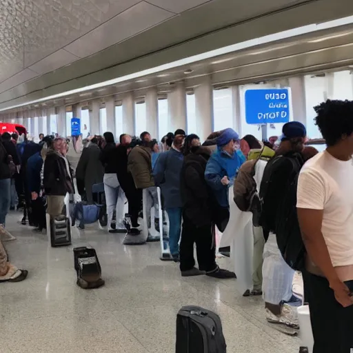 Image similar to guys waiting in line for customs at jfk airport, they are looking at a mural, photorealistic, photograph 4 k