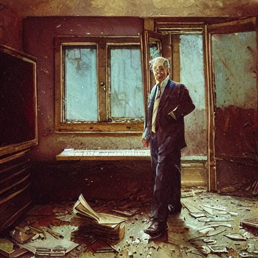 Prompt: a disheveled old disbarred lawyer in the 1 9 8 0 s boarded up in his messy rundown long island house, isolated alone on a typewriter feverishly typing out paranoid lunatic rants, detailed artstation marc simonetti ilya nazarov oil on canvas shimmer