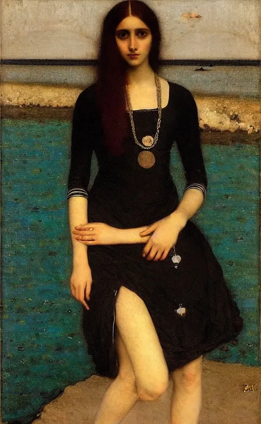 Image similar to portrait of a girl with long red hair in a black dress, under water, very beautiful style, girl wrapped in leather salwar bag black, photorealism edgard maxence, morandi,