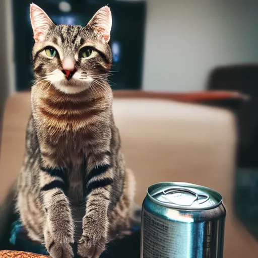 Image similar to “photograph of cat sitting like a human, holding a can of beer, hd, 8k”