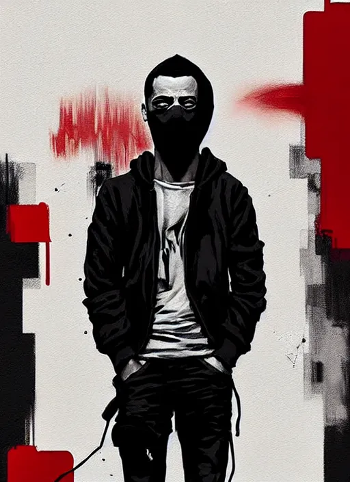 Image similar to highly detailed moody portrait of rami malek, elliot anderson, black hoody by atey ghailan, by greg rutkowski, by greg tocchini, by james gilleard, by joe fenton, by kaethe butcher, gradient red, black and white color scheme, grunge aesthetic!!! ( ( graffiti tag wall background, f society mask ) )