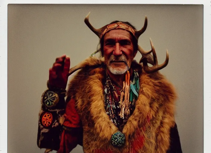 Prompt: over exposed color polaroid photograph of a neolithic european shaman wearing deerskin adorned with trinkets