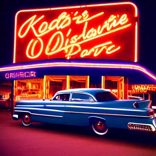 Prompt: kodachrome color photograph of a 1 9 5 0 s drive - in diner at night, neon - lights, googie architecture, americana