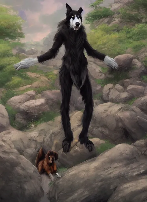 Prompt: wide angle beautiful full body portrait of a cute male anthropomorphic anthro border collie fursona wearing a jumpsuit on basalt columns, character design by charlie bowater, henry asencio, and ross tran, disney, scenic background, detailed, glamor pose, aesthetic, trending on artstation, furaffinity, deviantart