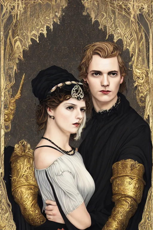 Prompt: a portrait of handsome young male nordic Satan wearing a crown and his elegant beautiful nordic cultist wife dressed in black, bored, illustration, dramatic lighting, soft details, painting oil on canvas, art nouveau, octane render, HDR, 4k, 8k, HD, by Edmund Blair Leighton, Brom, Charlie Bowater, trending on artstation, faces by Tom Bagshaw, Sargent