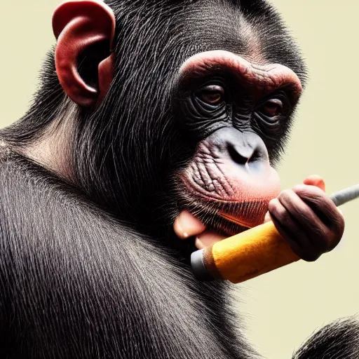 Image similar to a high detail closeup shot of a chimp wearing a suit 👔,and smoking a cigarrette🚬, cgcosiety, artstation, unreal engine, realism