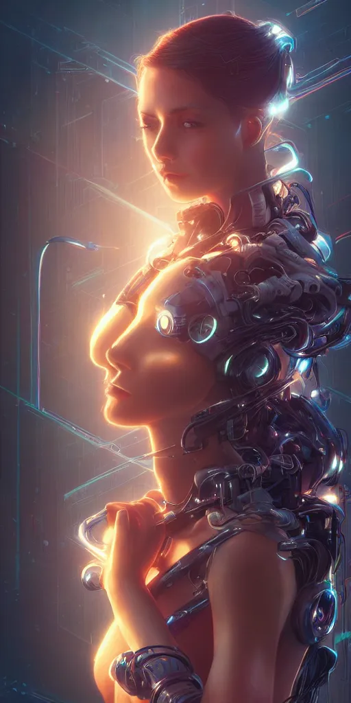 Image similar to beautiful, young woman, cybernetic, cyberpunk, wires, cables, halo, glow, detailed gorgeous face, flowing hair, vaporwave aesthetic, synthwave , digital painting, artstation, concept art, smooth, sharp focus, illustration, art by artgerm and greg rutkowski and alphonse mucha