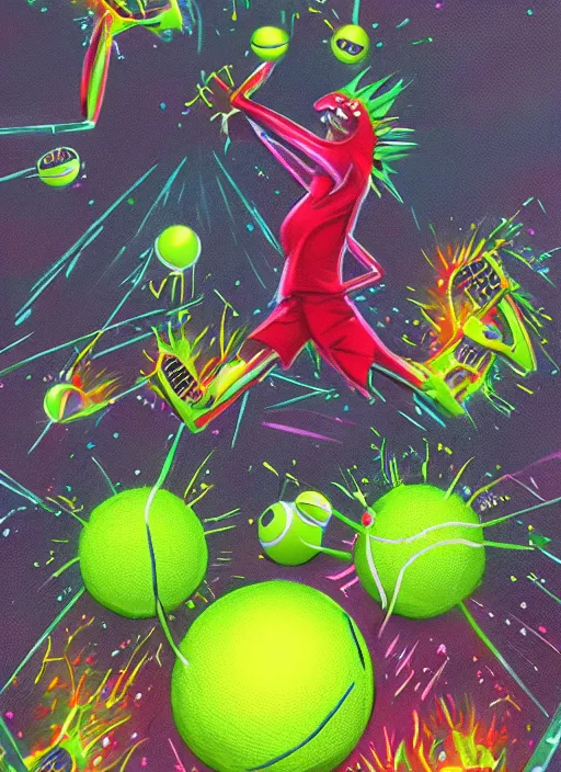 Image similar to tennis ball monsters playing tennis, a tennis ball monster ,tennis ball, Sci fi, lasers, digital art, fantasy, magic, trending on artstation, ultra detailed, professional illustration,chalk, poster artwork by Basil Gogos , clean