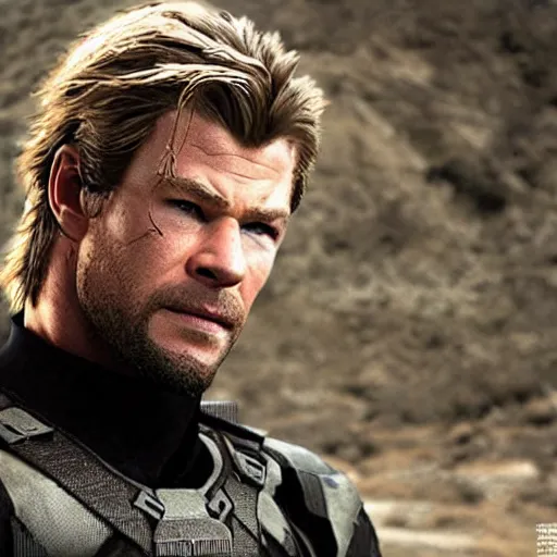 Prompt: Solid Snake portrayed by Chris Hemsworth, HD, photorealistic, cinematic lighting,