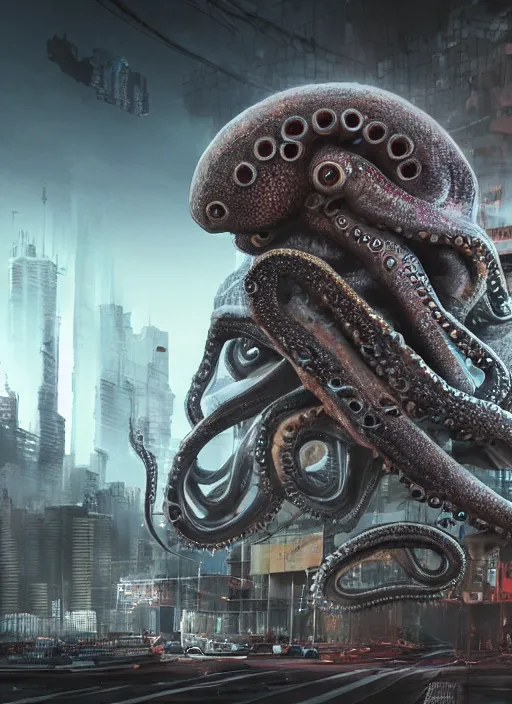 Image similar to hyperrealism, detailed textures, photorealistic 3 d cyberpunk octopus in apocalyptic city, futuristic clothing and helmet, ultra realistic, cinematic, intricate, cinematic light, unreal engine 8 k