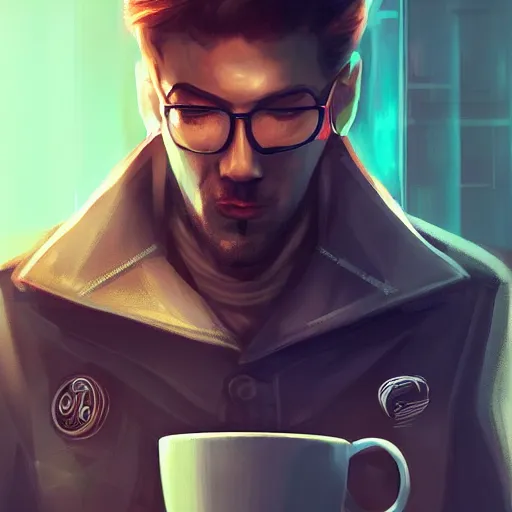 Image similar to portrait of a handsome startup CEO having a cup of coffee. cyberpunk style, digital art artstation cgsociety