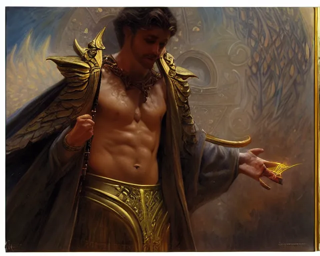 Prompt: attractive male deity, casting dark magic, summoning handsome lucifer morningstar, highly detailed painting by gaston bussiere, craig mullins, j. c. leyendecker