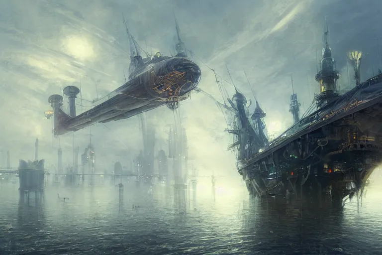 Prompt: wide view of a steampunk airship docking with a tall tower, fog, volumetric lighting, intricate, elegant, highly detailed, digital painting, artstation, concept art, smooth, sharp focus, art nouveau, art by raymond swanland and john berkey