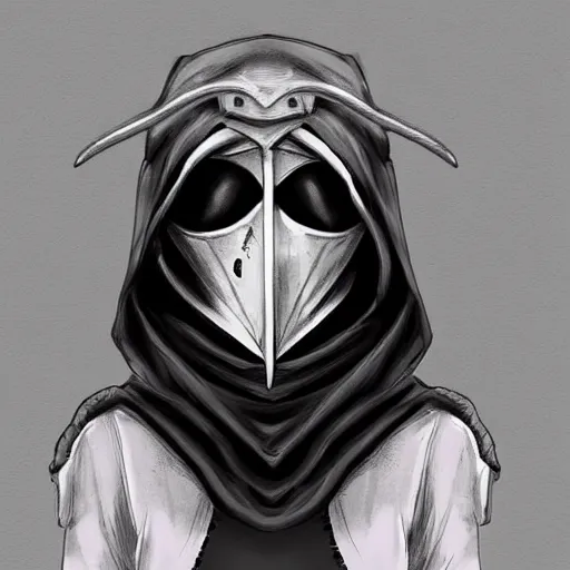 Image similar to female plague doctor donning a black hood, steel armor and a white crow mask, trending on artstation