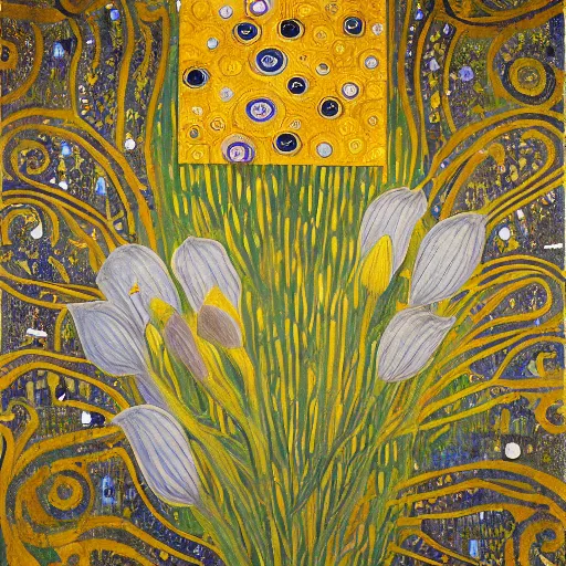 Image similar to an abstract and detailed painting of a lilies buke made out of geometric shapes, using gold paint like gustav klimt