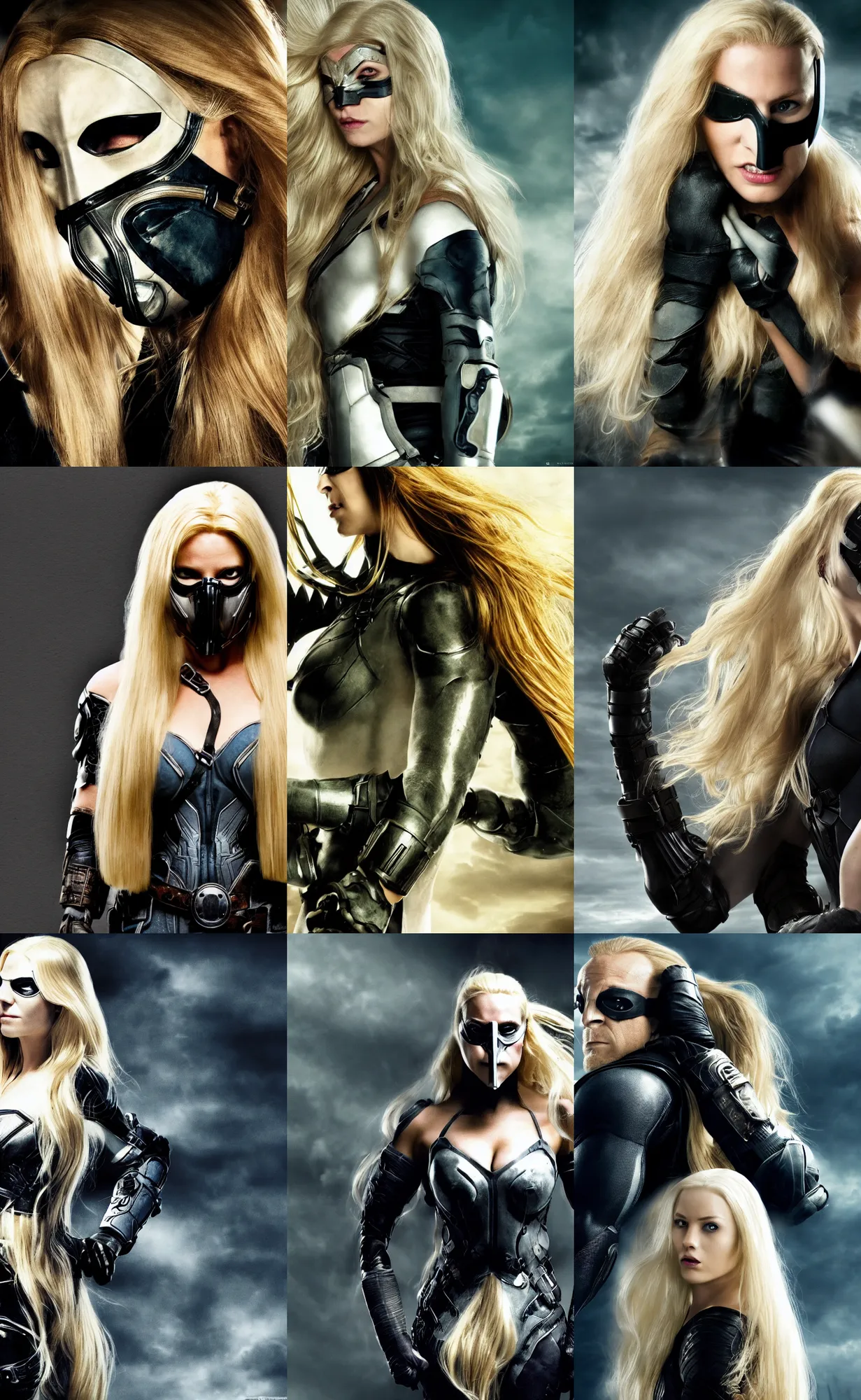 Prompt: long flowing hair blonde girl superhero wearing bane's mask by marvel studios, 4k wallpaper from dark knight movie by christopher nolan