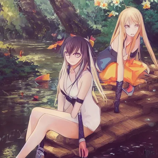 Image similar to isekai masterpiece drawn byaenami alena, atroshenko andrew, asencio henry, averin alexandr, blanchard antoine, bussiere gaston of a beautiful anime girl sitting in a pond filled with lily pads and koi fish