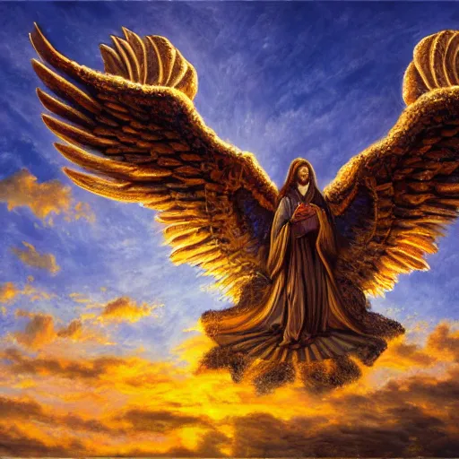 Image similar to a church with wings, flapping its wings flying in sunset sky, oil on canvas, portrait, intricate, 8k highly professionally detailed, HDR, CGsociety