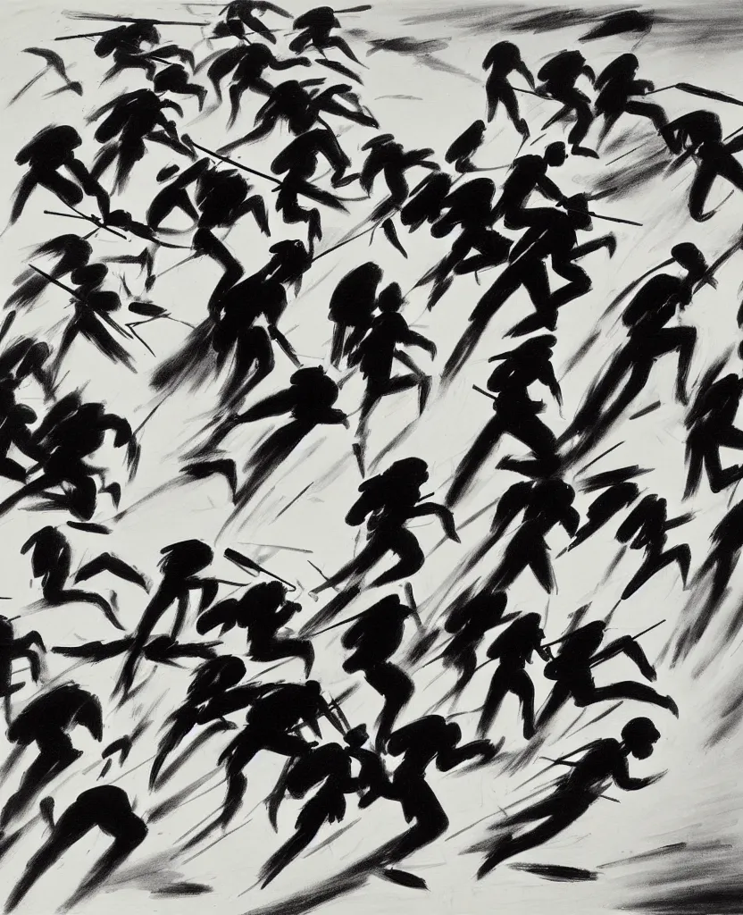 Image similar to a beautiful painting of running soldiers in el alamein battle, wwii,, black and white, painted by laszlo moholy nagy