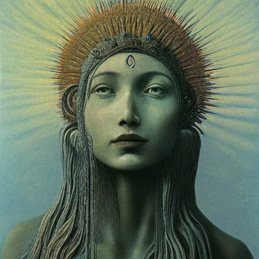 Image similar to the queen of the sun by zdzisław beksiński, full body, oil on canvas, intricately detailed artwork, full 8k high quality resolution, recently just found unknown masterpiece