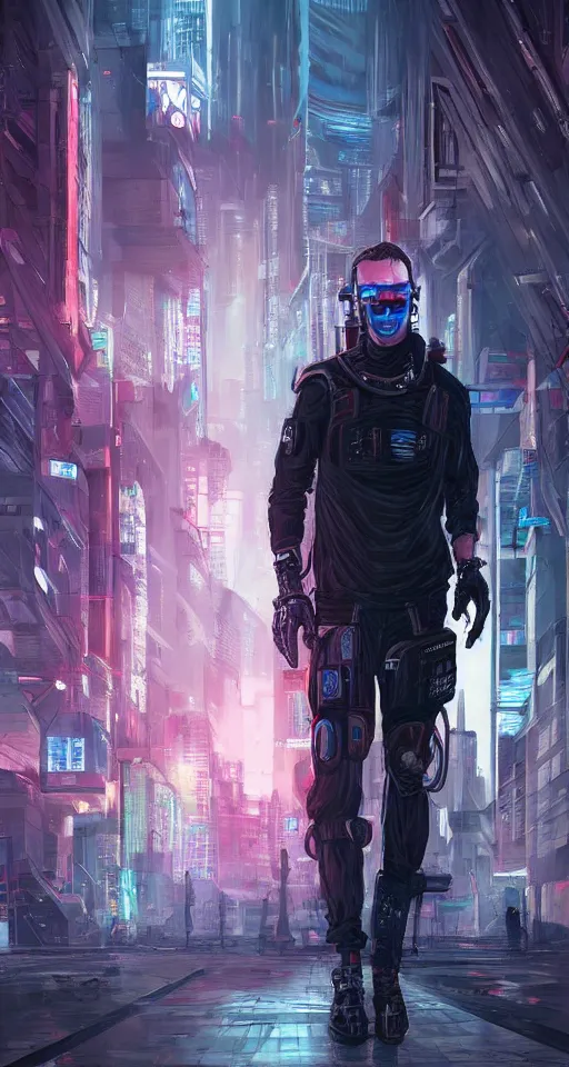 Image similar to concept art portrait of male cyberpunk walking through futuristic town