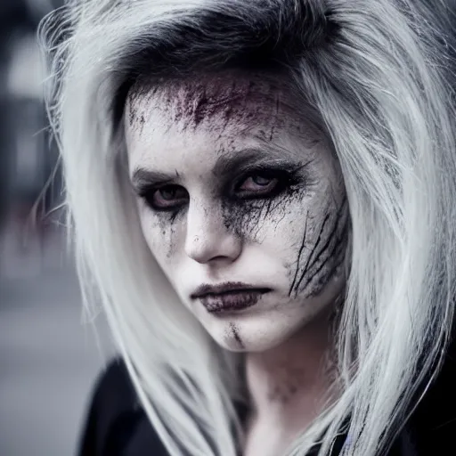 Prompt: white haired girl, dark eye liner, scar, future, dystopian, rain, city scape