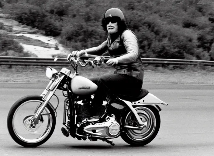 Prompt: harley - davidson shopper driving on a highway, sunny day 1 9 7 2