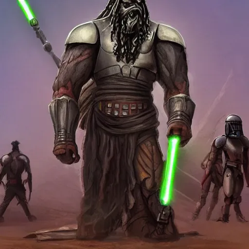 Prompt: fan art ancient style, very hulking man, with dreadlocks, cybernetic black armor, big axe, walking past in front of star wars jedi temple of coruscant ruins