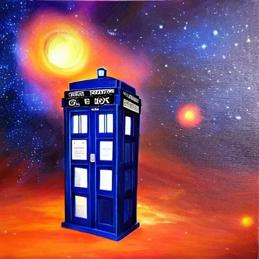 Prompt: oil painting of the tardis from dr who flying through space. beautiful. space. police box