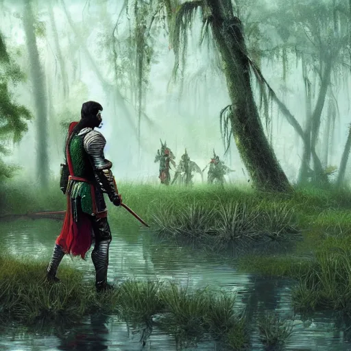 Prompt: A knight treking across a swamp with a caste in the background, green color scheme with hints of red and yellow, digital art, artstation, dramatic lighting, intricate, wild, highly detailed, digital painting, artstation, concept art, smooth, sharp focus, illustration, art by artgerm and greg rutkowski.