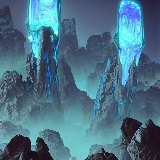 Prompt: forsaken shattered Meteora wasteland in vornoi fracture shatter in nocturnal glass eroded into bioluminescent forsaken inflatable crystal odd formations, detailed photorealistic oddly satisfying Cinema 4D CG render by Peter Andrew Jones and Michael Whelan