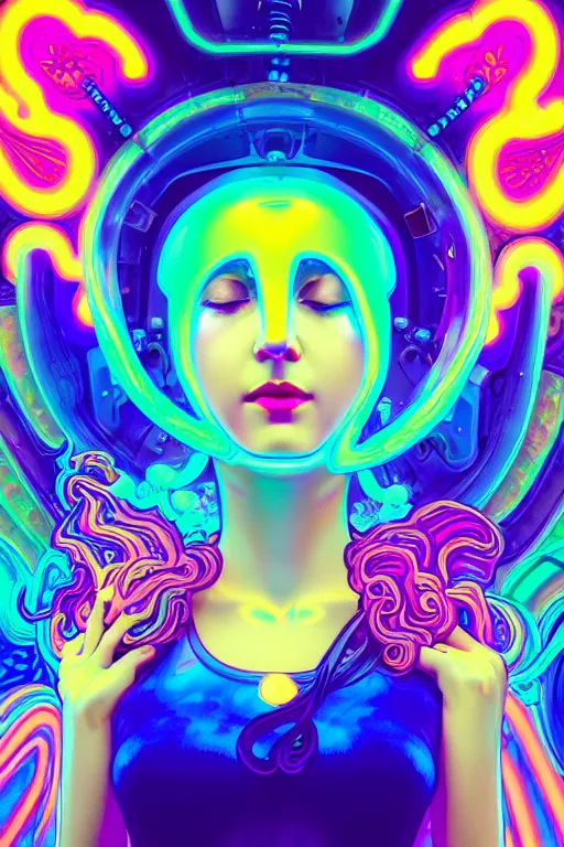 Image similar to a gorgeous woman surrounded by colorful liquid clouds and neon smoke, extremely detailed, super psychedelic experience, psilocybin, dmt, lsd, face, highly detailed, artstation, alphonse mucha, hana yata, and artem demura and beeple, octane render, unreal engine, 8 k