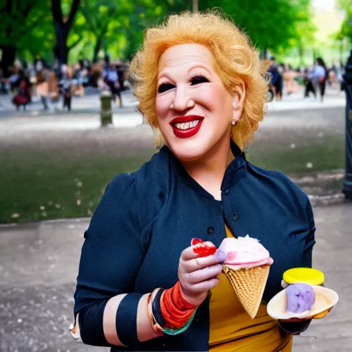 Image similar to bette midler eating ice cream, central park, trending on artstation, 8 k