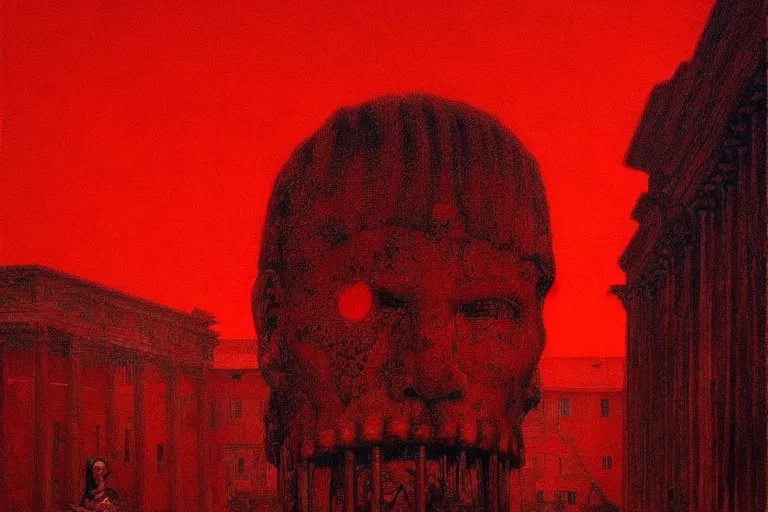 Image similar to only with red, caesar after war, a red tiger, in hoc signo vinces, rome in background, an ancient path, in the style of beksinski, part by hopper, part by rodcenko, part by hofbauer, intricate composition, red by caravaggio, insanely quality, highly detailed, masterpiece, red light, artstation