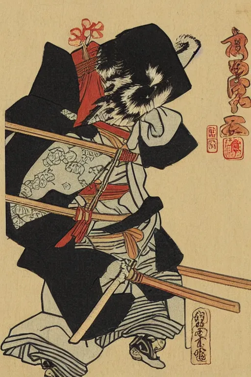 Prompt: Japanese woodblock print of an Ewok holding a samurai sword , cherry blossom, Hokusai