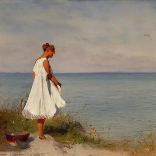 Prompt: a young woman wearing a white dress on a Swedish beach, a small rowboat is visible, in the style of anders zorn