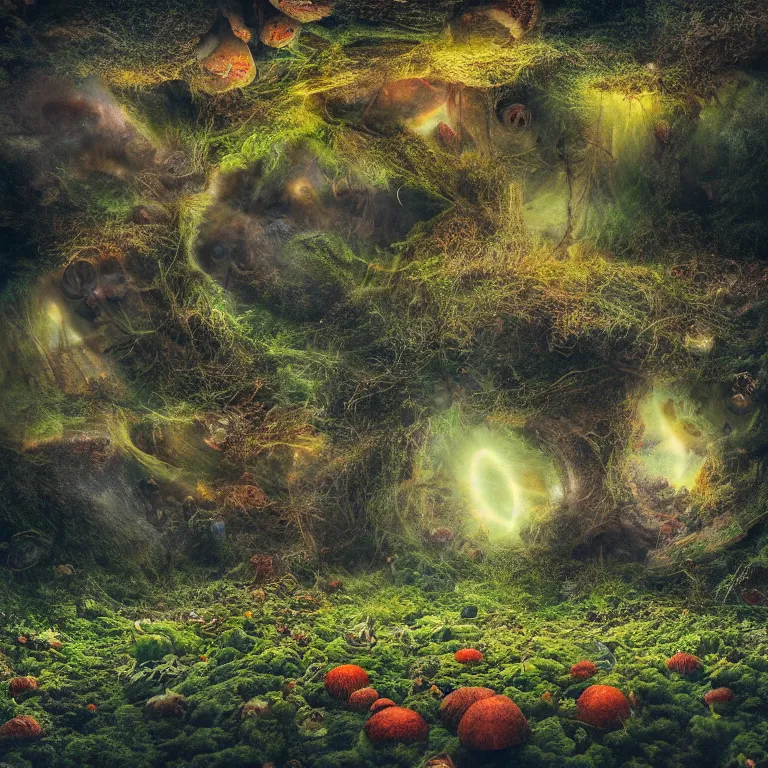 Image similar to a planet of various fungus, mushrooms, flowers and plants, inside the picture is infinity, Atmospheric, artistic photography, conceptual, long exposure outside the city, volumetric light