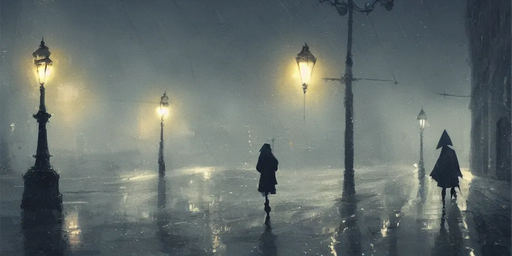 Image similar to lonely road of moscow at night with a single lamp post, walking woman with umbrella, artstation, detailed, by greg rutkowski,