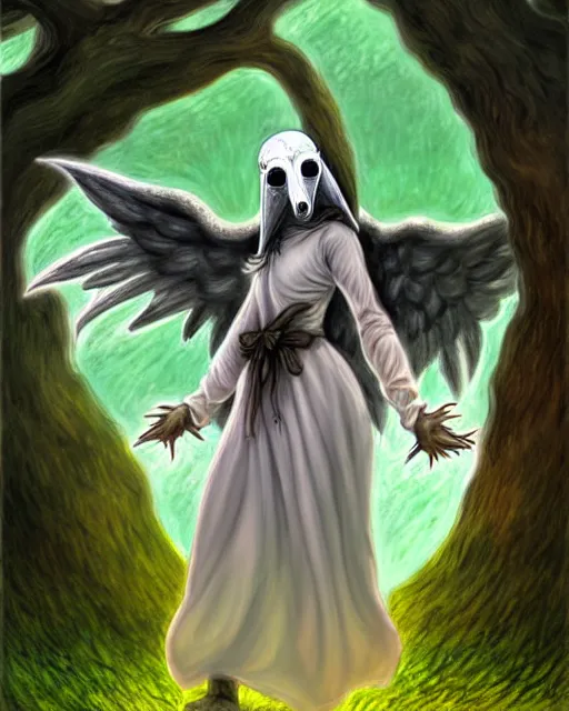 Prompt: a cute chibi harpy plague doctor angel in a sun dress enjoying the crispy summer air under the shade of a great oak tree in summer. trending on pixiv. trending on artstation. a vibrant digital oil painting. a highly detailed fantasy character illustration by wayne reynolds and charles monet and gustave dore and carl critchlow and bram sels