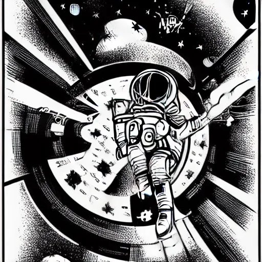 Image similar to mcbess illustration of a astronaut drifting to a portal in space