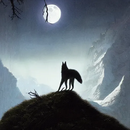 Prompt: a wolf standing on a moutain, howling to a full moon shining bright, thunderstrikes, epic, dramatic lighting, in a fantasy world, highly detailed, crystal lighting, hyperrealistic, trending on artstation, unreal engine, magical, by joe fenton, by greg rutkowski, by greg tocchini, by kaws, by kate beaton, by kaethe butcher