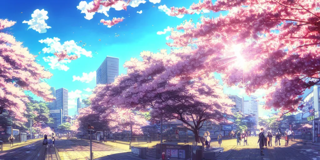 Image similar to anime style cityscape, spring season city, cherry blossoms blowing in the wind, day time, sun high in the sky, sun glare, clear weather, blue sky, tokyo japan, very few people walking, high detail and very sharp, detailed shading, artstation, wallpaper, kyoto animation productions, a silent voice