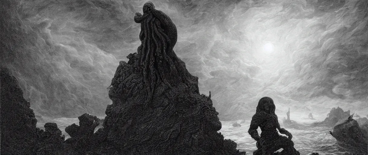 Image similar to an engraving portrait of cthulhu, caspar david friedrich, foggy, depth, strong shadows, stormclouds, illuminated focal point, highly detailed