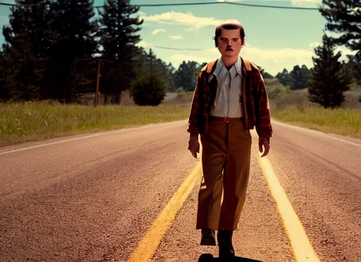 Image similar to film still of jim hopper as eleven in stranger things, 8 k