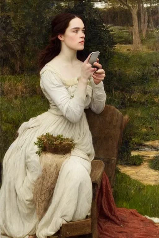 Image similar to a pre raphaelite painting of daisy ridley looking disinterestedly at her phone by dante gabriel rossett