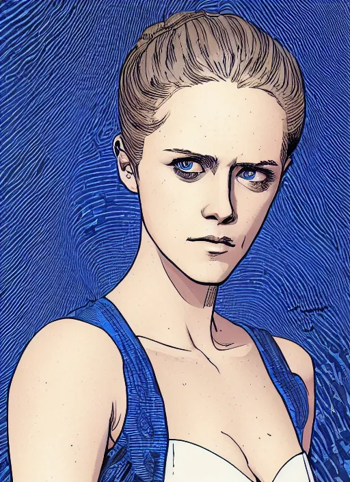 Prompt: dolores ( evan rachel wood ) from westworld, beautiful portrait, blue dress, elegant, clear clean face, by moebius, katsuhiro otomo, tsutomu nihei, laurie greasley