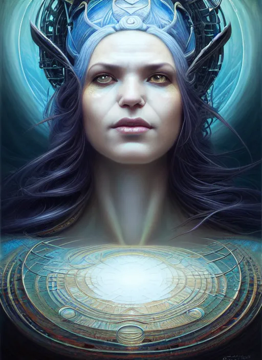 Image similar to closeup portrait shot of a cosmic sorceress in a scenic dystopian environment, intricate, elegant, highly detailed, centered, digital painting, artstation, concept art, smooth, sharp focus, illustration, artgerm, tomasz alen kopera, peter mohrbacher, donato giancola, joseph christian leyendecker, wlop, boris vallejo