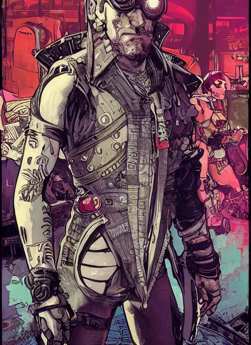 Image similar to cyberpunk circus wrestler. portrait by ashley wood and alphonse mucha and laurie greasley and josan gonzalez and james gurney. splinter cell, apex legends, rb 6 s, hl 2, d & d, cyberpunk 2 0 7 7. realistic face. character clothing. vivid color. dystopian setting.