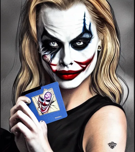 Prompt: tattoo design sketch of beautiful margot robbie with faded joker makeup and holding an ace card, in the style of den yakovlev, realistic face, black and white, realism tattoo, hyper realistic, highly detailed