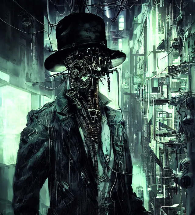 Prompt: a cyberpunk gothic noir detective, skulls, wires cybernetic implants, machine noir grimcore in cyberspace photoreal, atmospheric emil melmoth, zdzislaw belsinki, craig mullins, yoji shinkawa, jamie hewlett, and yoshitaka amano, realistic render, ominous, detailed